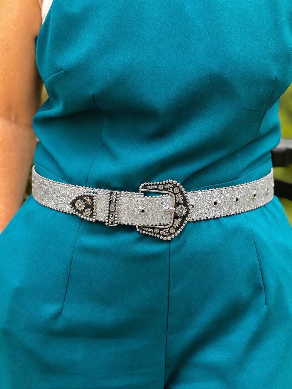 Silver Crystal Western-Style Buckle Belt - Women's Sparkle Accessory